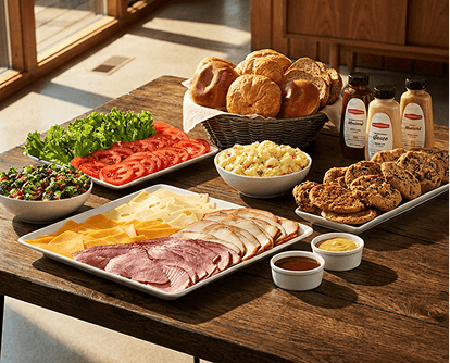 Catering spread with deli meat and cheese tray, rolls, fried chicken, potato salad, and condiment bottles on wood. Text reads "Catering."